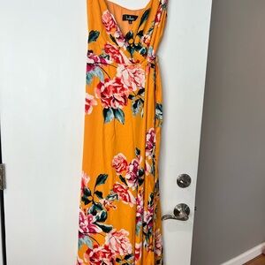 Lulu's Mustard Floral Wrap Maxi Dress with Pink & Green Blooms